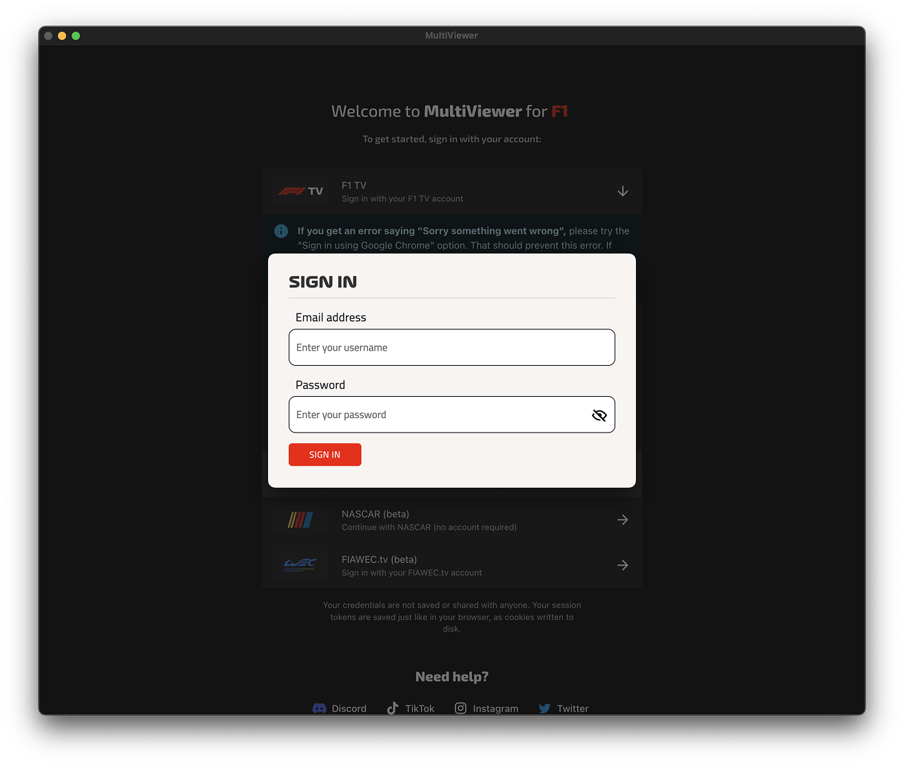 Screenshot showing the F1 TV login screen